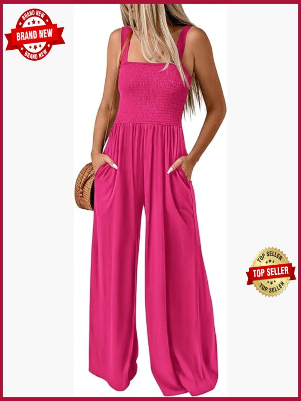 Womens Jumpsuit Smocked Sleeveless Wide Leg Romper With Pockets Loose Fit